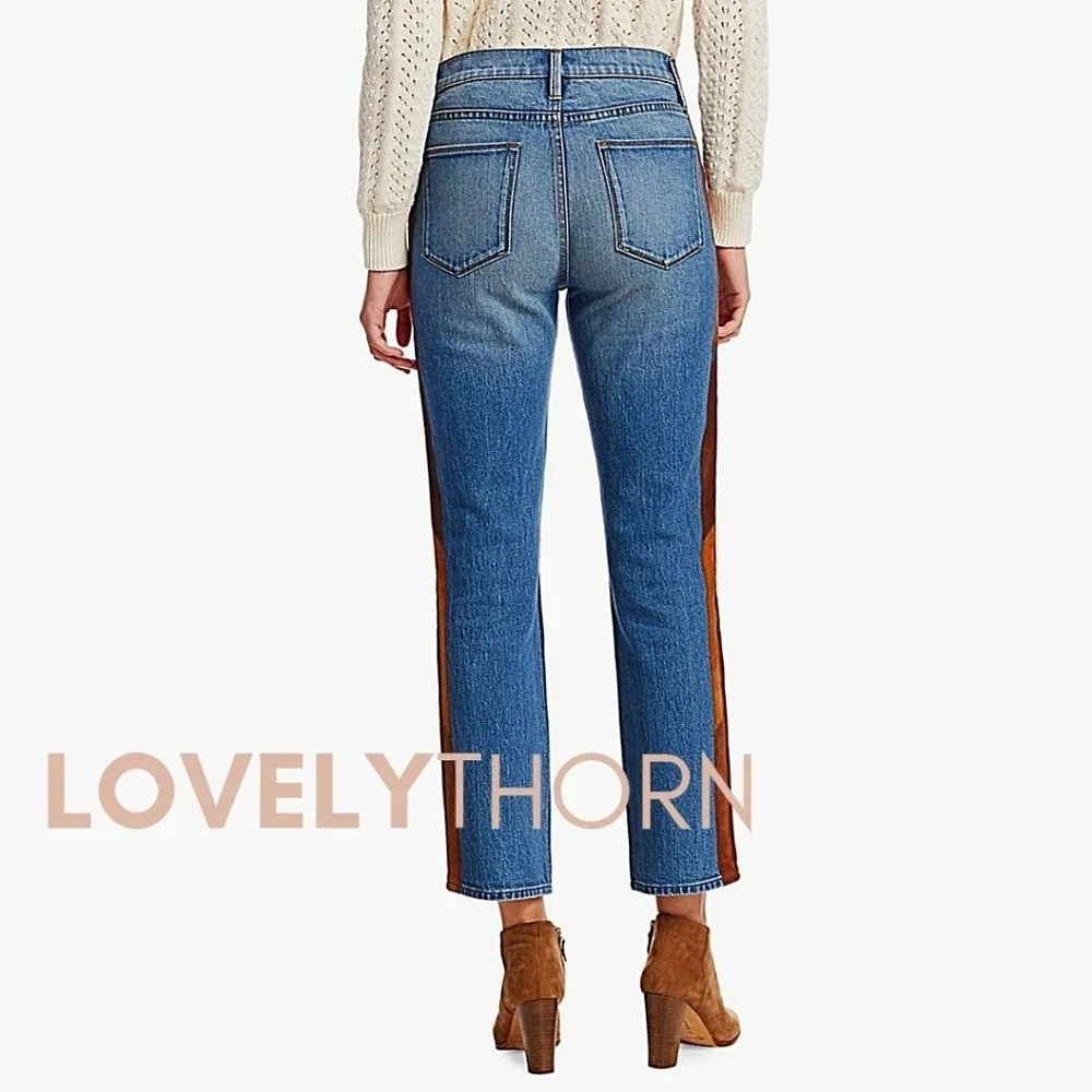 FRAME // ltd ed le high straight cropped paneled leather tuxedo stripe denim